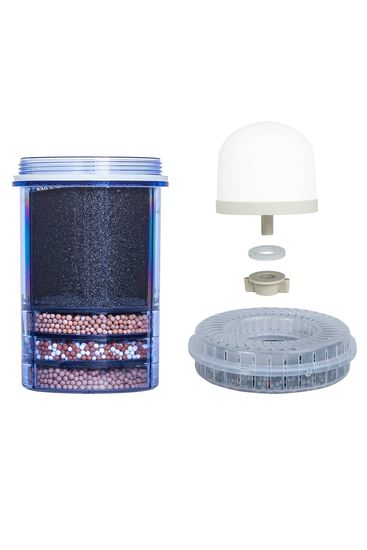 jaarset vervangingsfilters voor de Aqualine 18 waterfilter, bestaande uit een keramisch filter, een meerstappenfilter en pH ring