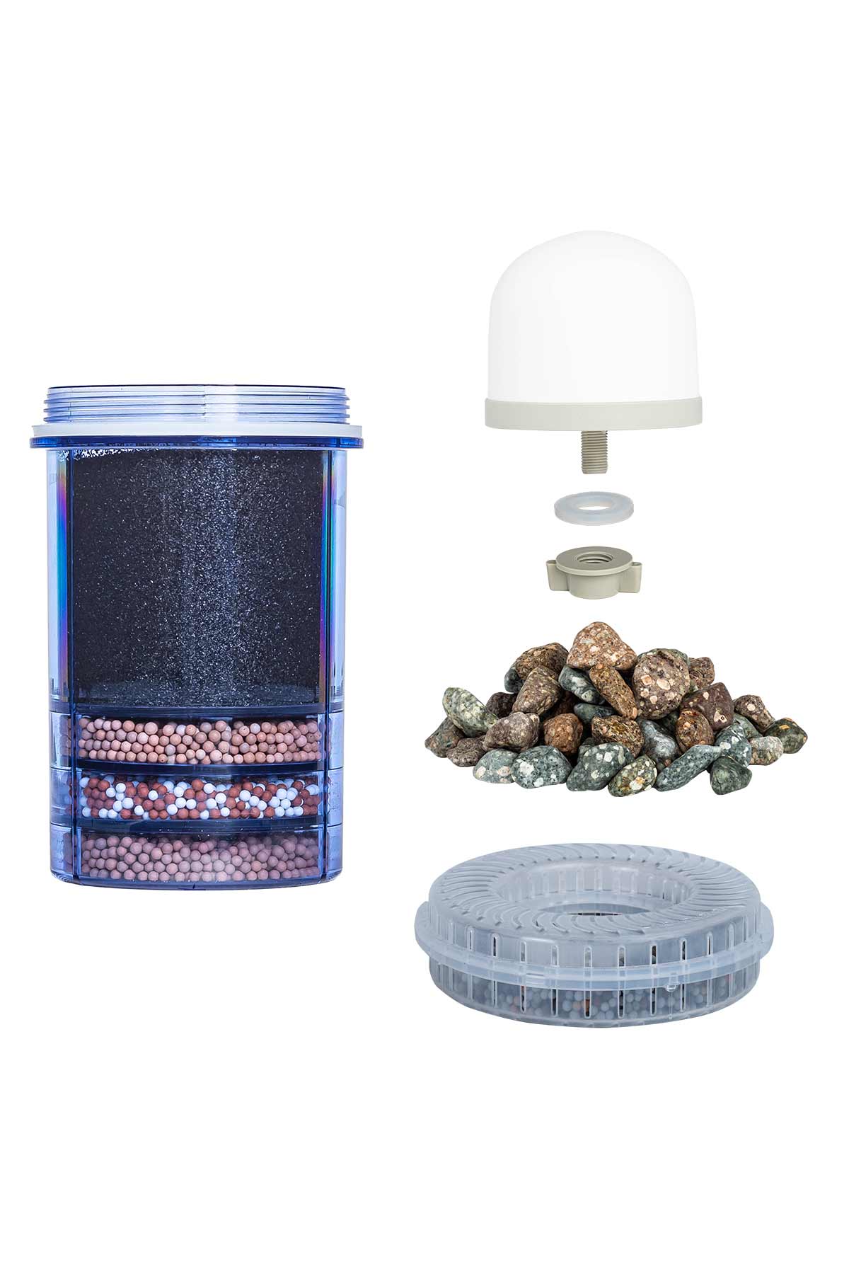 complete vervangingsset voor de Aqualine 18 waterfilter, bestaande uit een keramisch filter, meerstappenfilter, mineraalstenen en pH ring.