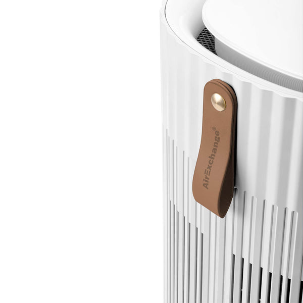 AirExchange 150‑T, fluisterstille luchtreiniger voor in de slaapkamer, voor schone lucht en betere slaap, wit, met leren handgreep