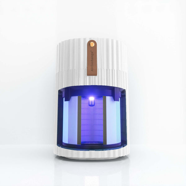 AirExchange 150‑T, fluisterstille luchtreiniger voor in de slaapkamer, voor schone lucht en betere slaap, wit, met zichtbaar binnenfilter