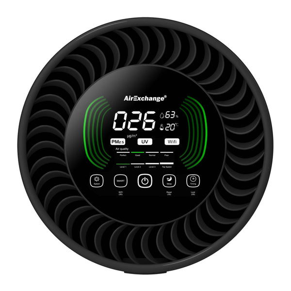 AirExchange 600-T luchtreiniger voor de slaapkamer met HEPA-filter, zwart, display van boven