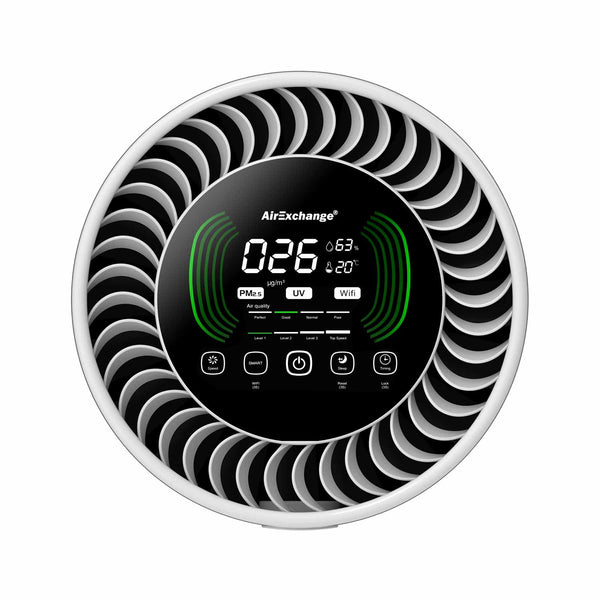 AirExchange 600‑T luchtreiniger slaapkamer met HEPA‑H14‑filter, display