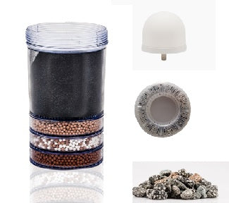 complete vervangingsset voor de Aqualine 5 waterfilter, bestaande uit een keramisch filter, meerstappenfilter, mineraalstenen en pH ring.