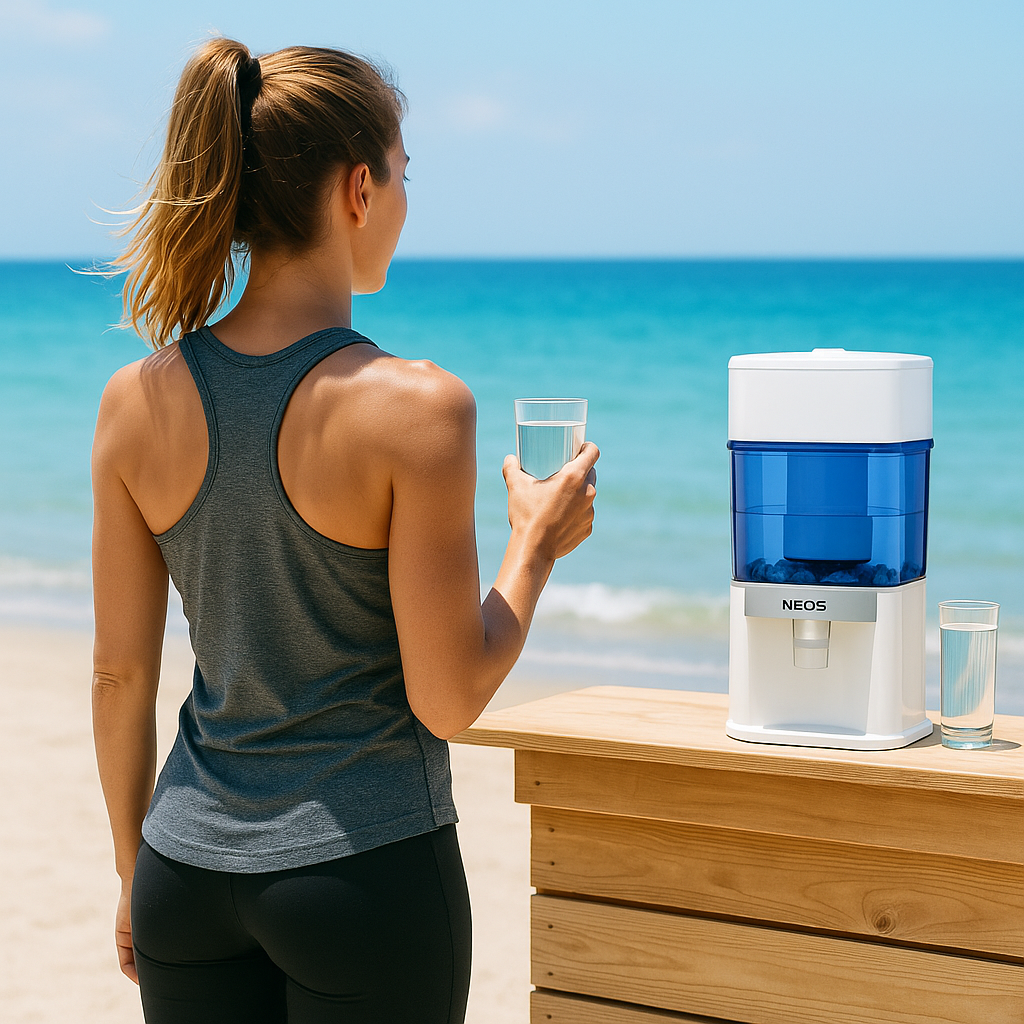Dame die op het strand staat en uitkijkt over de zee  met een bar met daarop een Aqualine waterfilter