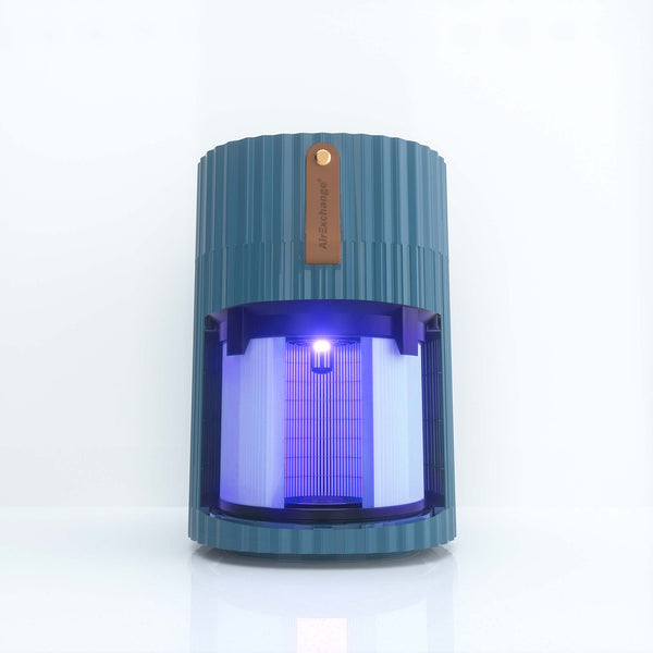 AirExchange 150‑T, fluisterstille luchtreiniger voor in de slaapkamer, voor schone lucht en betere slaap, blauw, met zichtbaar binnenfilter