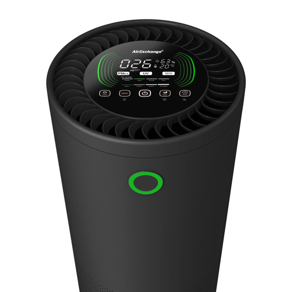 AirExchange 600-T luchtreiniger voor de slaapkamer met HEPA-filter, zwart, met display, zijkant